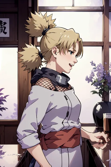 1girl, <lora:TemariV2:1> ytemari, blonde hair, quad tails, blue eyes, fishnets, purple garment, sash, lineart, laughing, side profile, in a japanese bar, vibrant color, masterpiece, best quality, high definition,