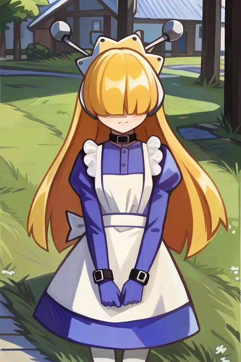 ((masterpiece)), ((best quality)), 1girl, solo, headphones,hair over eyes,choker, blonde hair, long hair, maid, apron,long sleeves, maid headdress, white pantyhose, robot ears, dress, bangs, blunt bangs, <lora:Tesse Lombrozo (waku waku 7) é¾å¸é² ï¼ç«çç«ç7ï¼:1>, cyancapsule, western artstyle, painterly style, vibrant colors, soft lineart, vivid, <lora:CyanCapsule - Style:0.85>, outdoors, city,