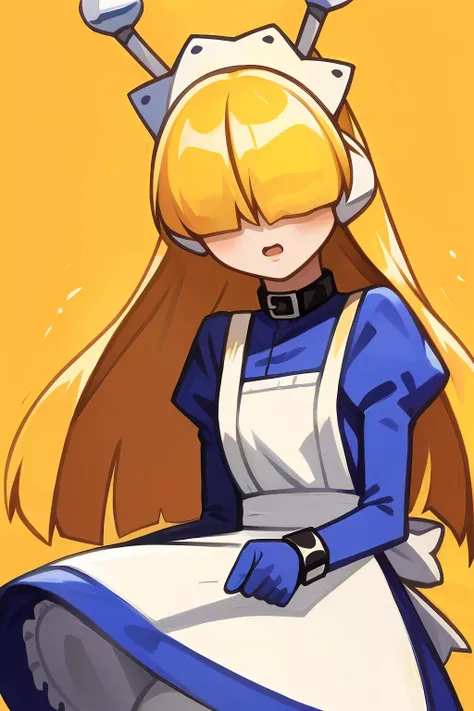 ((masterpiece)), ((best quality)), 1girl, solo, headphones,hair over eyes,choker, blonde hair, long hair, maid, apron,long sleeves, maid headdress, white pantyhose, robot ears, dress, bangs, blunt bangs, simple background, <lora:Tesse Lombrozo (waku waku 7) é¾å¸é² ï¼ç«ç­ç«ç­7ï¼:1>, cyancapsule, western artstyle, painterly style, vibrant colors, soft lineart, vivid, <lora:CyanCapsule - Style:0.85>