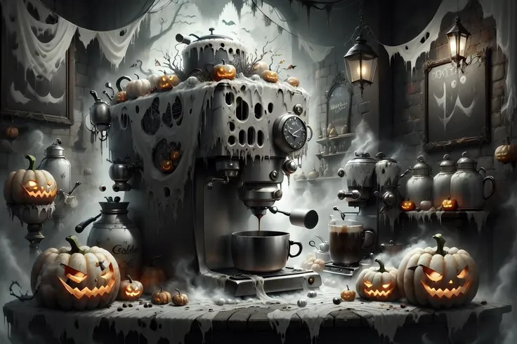 <lora:HWghostly:1>, hwghostly, coffee machine, on bar counter, tavern background, long tattered rags, dark fantasy, horror, gloomy, mist, fog, ethereal, creepy, ghostly,