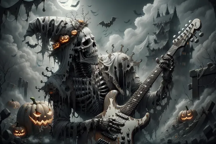 <lora:HWghostly:1>, hwghostly, skeleton playing an electric guitar, long tattered rags, dark fantasy, horror, gloomy, mist, fog, ethereal, creepy, ghostly,