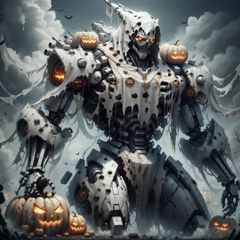 <lora:HWghostly:1>, hwghostly, battle mecha, long tattered rags, dark fantasy, horror, gloomy, mist, fog, hooded, hood, ethereal, creepy, ghostly,