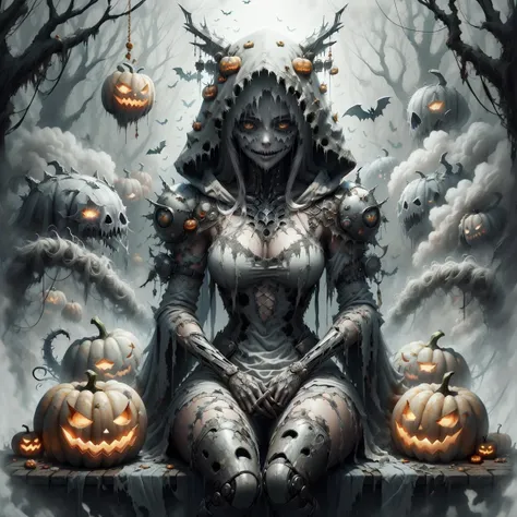 <lora:HWghostly:1>, hwghostly, 1girl, sitting, smiling, looking at viewer, armoured dress, long tattered rags, dark fantasy, horror, gloomy, mist, fog, hooded, hood, ethereal, creepy, ghostly,