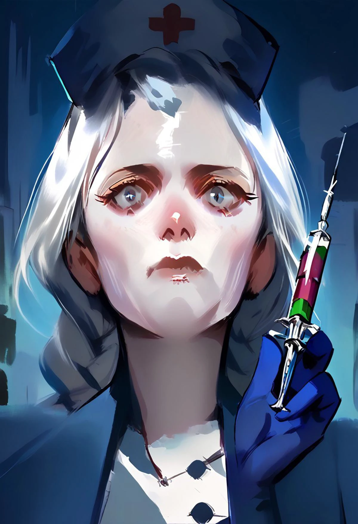 score_9, score_8_up, score_7_up, score_6_up, score_5_up, <lora:disco_elysium_v1_pruned:1>, highly detailed,
washed out colors, anime style, painting, painting_\(medium\), painterly, faux traditional media, portrait, artistic, unclear outlines, fog, (de-thoughts:1.1),
low-angle shot, (looking down at viewer:1.4), staring down at viewer, crazy scientist,
<lora:yagokoro_eirin_image2417_2023-12-20-000010:1>
1girl, yagokoro eirin, broad face, sage, beautiful female, mature female, wearing medical face mask, older woman, solo, nurse, syringe, holding syringe, eyelashes, (single_braid:1.2), white hair, blue eyes, short_sleeves
dress, (blue_nurse_cap:1.2), red cross on nurse cap,
hands, syringe, (girl holding syringe:1.3), hand, (holding syringe above head:1.2), looking at syringe,
concentrating, concentrated expression, eyes wide open, frown, thoughtful, slight scowl,
background: hospital room, bright light behind head, lamp light, moon