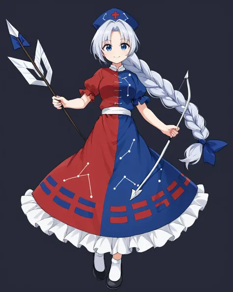 yagokoro eirin,bow_\(weapon\), nurse_cap, arrow_\(projectile\), white_background, black_footwear, simple_background, red_cross, smile, full_body, 1girl, holding_bow_\(weapon\), looking_at_viewer, holding_weapon, solo, multicolored_dress, red_dress, standing, closed_mouth, shoes, white_socks, blue_dress, braid, puffy_short_sleeves, holding_arrow, blue_headwear, sash, frilled_dress, bow, constellation_print, two-tone_dress, constellation
<lora:yagokoro_eirin_image2417_2023-12-20-000010:1>,star-shaped_pupils,symbol-shaped_pupils,. gorgeous,key visual, vibrant, studio anime,award-winning, professional, highly detailed,high budget, cinemascope