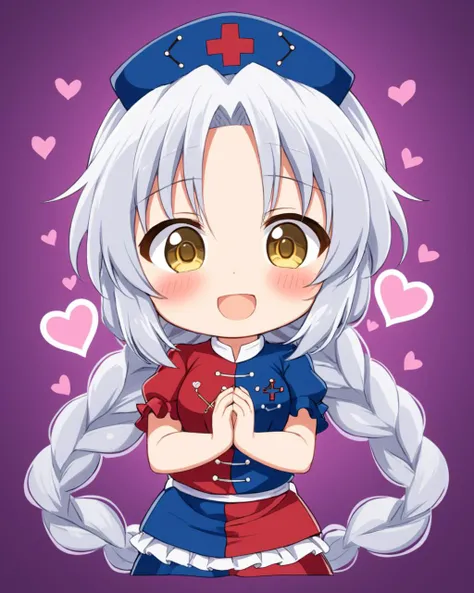 yagokoro eirin,1girl, solo, heart_hands, open_mouth, blush, smile, braid, nurse_cap, chibi
<lora:yagokoro_eirin_image2417_2023-12-20-000010:1>,star-shaped_pupils,symbol-shaped_pupils,. gorgeous,key visual, vibrant, studio anime,award-winning, professional, highly detailed,high budget, cinemascope