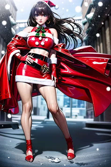 best quality, masterpiece, photorealistic, 1girl, solo, <lora:tutuMCV2:1> tutututu, bare shoulders, belt, crop top, red pencil skirt, christmas_dress, red stockings, fur trim, red fingerless gloves, midriff, santa costume, long straight hair, looking at viewer, outdoors, snow
BREAK
outdoors, snowing, raytracing <lora:add_detail:1>