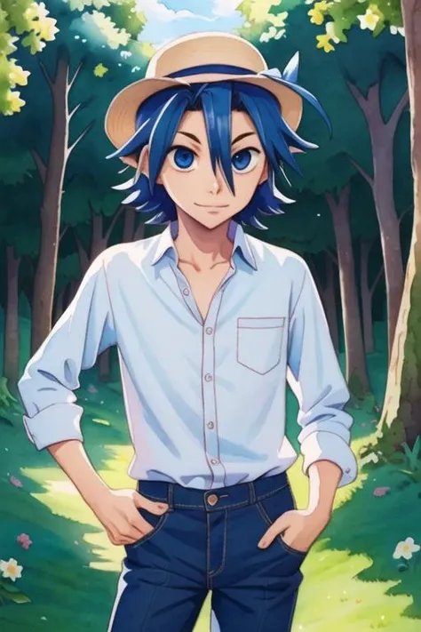 (best quality:1.1), (masterpiece:1.4), illustration, looking at viewer, , , (watercolor illustration, soft pastel colors:1.1), , 1boy, solo, male focus, <lora:sangaku_manami:0.9>, sangaku_manami, blue hair, blue eyes, hair between eyes, ahoge, linen shirt, bowler hat, ,