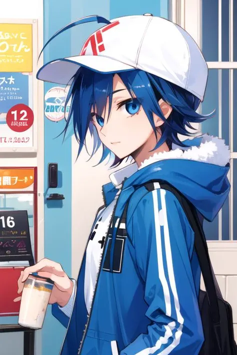 (best quality:1.1), (masterpiece:1.4), photorealistic, , upper body, , , , 1boy, solo, male focus, <lora:sangaku_manami:0.8>, sangaku_manami, blue hair, blue eyes, , ahoge, windbreaker, bobble hat, cafe, 2k resolution