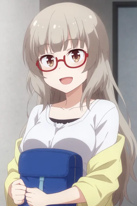 <lora:Shizuku_Hazuki:0.7> Shizuku Hazuki, 1girl, solo, breasts, smile, open_mouth, shirt, holding, collarbone, white_shirt, upper_body, :d, glasses, solo_focus, bag, semi-rimless_eyewear, red-framed_eyewear, under-rim_eyewear <lora:sdxl_lightning_4step_lora:1>