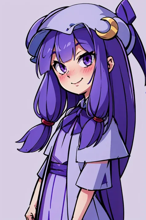 ((best quality)), Patchi, cowboy shot, blushing, smile, purple hat, purple eyes, (crescent hat ornament), 1girl <lora:Patchi V1:1>,