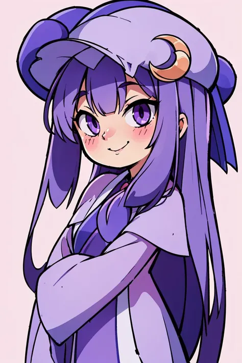 ((best quality)), Patchi, cowboy shot, blushing, smile, purple hat, purple eyes, (crescent hat ornament), 1girl <lora:Patchi V1:1>, white outline, pink background,