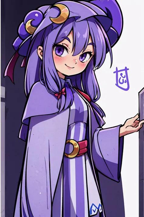 ((best quality)), mature, Patchi, cowboy shot, blushing, smile, purple hat, purple eyes, (crescent hat ornament), 1girl <lora:Patchi V1:1>,