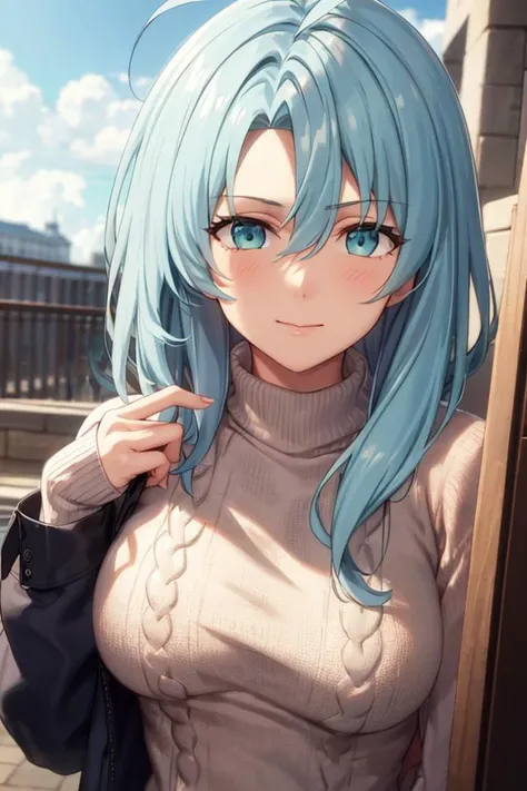 masterpiece, (best quality), 1woman,1girl ,sentouinsnow, blue hair , long hair, blue eyes, ((sweater)), ,sexy woman,hair between eyes ,((closed clothes)), hair between eyes, ahoge, vibrant colors ,natural lighting ,RTX, large breasts, beautiful, (detailed face:1.2), showcase, (perfect eyes:1.1) ,(photorealistic:1.1), 8k uhd, looking a viewer, outdoors, simple backround, fully clothed