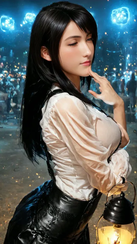Tifa, score_9, score_8_up, score_7_up, source_photo, (photography, realistic:1.4), <lora:add-detail-xl:1>, (high contrast, chiaroscuro, at dawn:1.5), <lora:SDXLFaeTastic2400:0.8>, fairytale dreamlike light, (backlighting:1.5), fantasy setting,<lora:Expressive_H-000001:0.5> , Expressiveh, <lora:AmateurStyle_v1_PONY_REALISM:0.8>, real life photo, <lora:DreamARTSDXL:1>,drkfntasy, <lora:darkfantasystyle:0.7>, zy_tifa, 1girl, black hair, long hair, realistic, costume, nature, photo, portrait, real hair, detailed skin, highly detailed, detailed skin, depth of field, film grain, <lora:zy_Tifa_PonyRealism_v1:.7>, blush,hair, hearts, shirt up, white shirt, black suspenders, ,ruanyi0799,lantern,glowing,night skyruanyi0758,,see-through,dancing,<lora:0799 Kongming lantern_v1_pony:1>, black skirt,