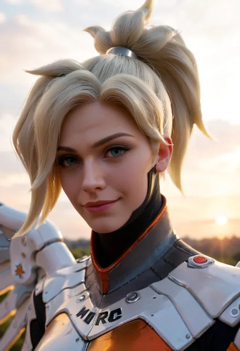 score_9, score_8_up, score_7_up, score_6_up, score_5_up, score_4_up, BREAK,
Raw, 8k, incredibly absurdres, RAW, 8k, very sharp, source_photo, source_real,
epic view, sunset, scenery , close view,
zy_mercy, 1girl, blonde hair, high ponytail, detailed face, smile, (costume:1.3), wings,
<lora:zy_Mercy_PonyRealism_v1:0.4> <lora:add-detail-xl:1>