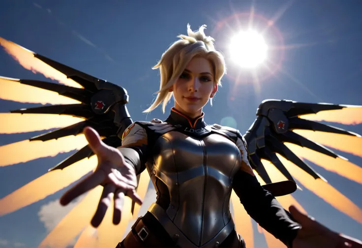 score_9, score_8_up, score_7_up, score_6_up, score_5_up, score_4_up, BREAK,
Raw, 8k, incredibly absurdres, RAW, 8k, very sharp, source_photo, source_real,
(epic lighting:1.5), ((sunset)), epic view, front view, slight low angle, sun flare,
zy_mercy, 1girl, blonde hair, high ponytail, detailed face, smile, (costume:1.3), wings, one hand reaching toward viewer,
<lora:zy_Mercy_PonyRealism_v1:0.4>