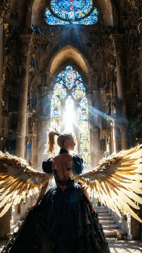 Mercy, Overwatch, score_9, score_8_up, score_7_up, source_photo, (photography, realistic:1.4), <lora:add-detail-xl:1>, (high contrast, chiaroscuro, at dawn:1.5), <lora:SDXLFaeTastic2400:0.8>, fairytale dreamlike light, (backlighting:1.5), fantasy setting,<lora:Expressive_H-000001:0.5> , Expressiveh, <lora:AmateurStyle_v1_PONY_REALISM:0.8>, real life photo, <lora:DreamARTSDXL:1>, zy_mercy, 1girl, blonde hair, costume, wings, high ponytail, palace, realistic, photo, real hair, detailed skin, highly detailed, detailed skin, depth of field, film grain, <lora:zy_Mercy_PonyRealism_v1:.7>, ancient gothic cathedral, indoor, (rays of light:1.2),