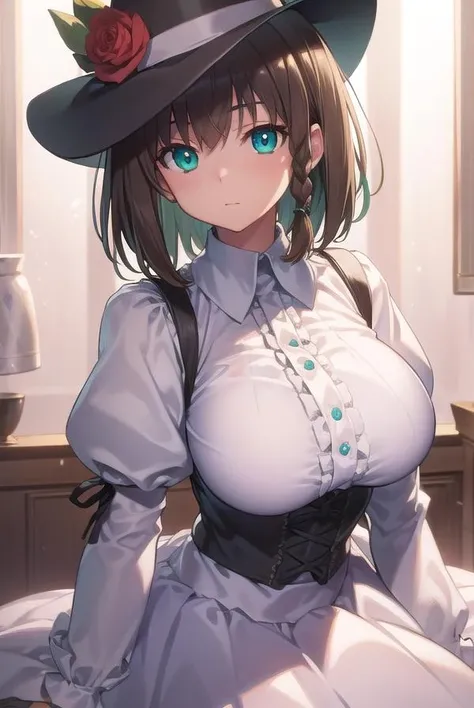 charlottecorday, <lora:charlottecorday-lora-nochekaiser:1>,
charlotte corday, braid, brown hair, (green eyes:1.5), short hair, side braid, (large breast:1.2),
BREAK hat, hat flower, juliet sleeves, long sleeves, puffy sleeves, (white dress:1.5), frills, top hat, black top hat,
BREAK looking at viewer,
BREAK indoors,
BREAK <lyco:GoodHands-beta2:1>, (masterpiece:1.2), best quality, high resolution, unity 8k wallpaper, (illustration:0.8), (beautiful detailed eyes:1.6), extremely detailed face, perfect lighting, extremely detailed CG, (perfect hands, perfect anatomy),