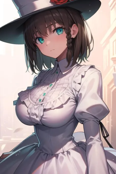charlottecorday, <lora:charlottecorday-lora-nochekaiser:1>,
charlotte corday, braid, brown hair, (green eyes:1.5), short hair, side braid, (large breast:1.2),
BREAK hat, hat flower, juliet sleeves, long sleeves, puffy sleeves, (white dress:1.5), frills, top hat, black top hat,
BREAK looking at viewer,
BREAK indoors,
BREAK <lyco:GoodHands-beta2:1>, (masterpiece:1.2), best quality, high resolution, unity 8k wallpaper, (illustration:0.8), (beautiful detailed eyes:1.6), extremely detailed face, perfect lighting, extremely detailed CG, (perfect hands, perfect anatomy),