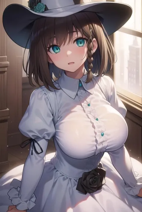 charlottecorday, <lora:charlottecorday-lora-nochekaiser:1>,
charlotte corday, braid, brown hair, (green eyes:1.5), short hair, side braid, (large breast:1.2),
BREAK hat, hat flower, juliet sleeves, long sleeves, puffy sleeves, (white dress:1.5), frills, top hat, black top hat,
BREAK looking at viewer,
BREAK indoors,
BREAK <lyco:GoodHands-beta2:1>, (masterpiece:1.2), best quality, high resolution, unity 8k wallpaper, (illustration:0.8), (beautiful detailed eyes:1.6), extremely detailed face, perfect lighting, extremely detailed CG, (perfect hands, perfect anatomy),
