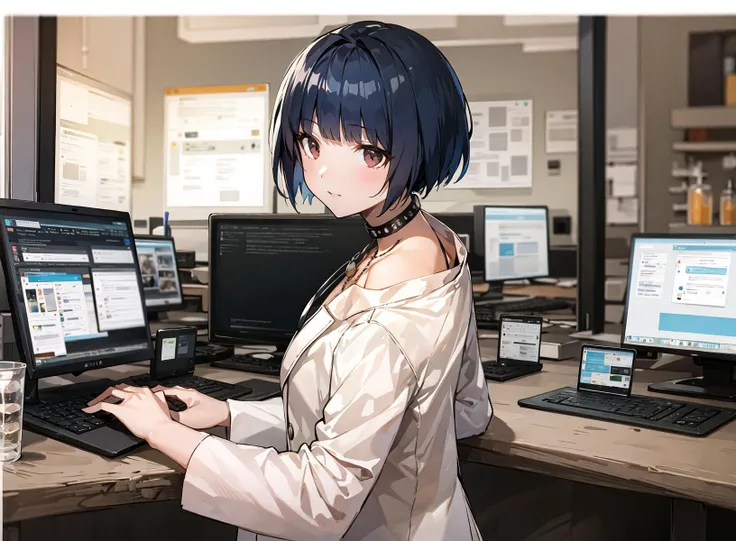 masterpiece, best quality, ultra-detailed, illustration, 1girl, solo, indoors, clinic, infirmary, beauty, foreground, pen, middle ground, refrigerator, background, computer, test tube, perspective, light, color, texture, detail, beauty, looking back, upper body, Tae Takemi, necklace, choker, dress, labcoat, night, mature female, wonder. <lora:taeTakemiPersona5_v10:1>