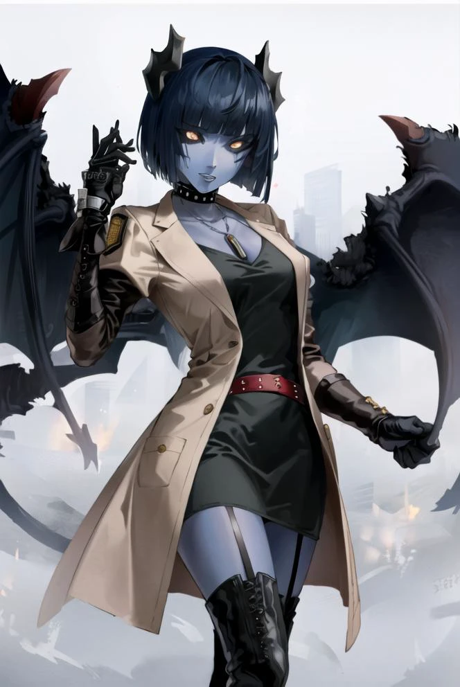 ((best quality)), ((highly detailed)), masterpiece, ((official art)), detailed face, beautiful face, (detailed eyes, deep eyes), (1girl), <lora:changeACharacter_demonictv10:.9>, DemonicT, colored skin, blue skin, black sclera, colored sclera, yellow eyes, demon wings, demon horns, slit pupils, <lora:taeTakemiPersona5_v10:1>, Tae Takemi, dark blue hair, short hair, bob-cut, blunt bangs, (brown eyes), necklace, studded collar, dress, black dress, short dress, ((labcoat)), red belt, strappy black platform high heels