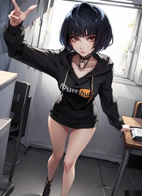 ((best quality)), ((highly detailed)), masterpiece, absurdres, extremely detailed face, beautiful face, (detailed eyes, deep eyes), (1girl), dutch_angle, dynamic pose, full body, <lora:TaeTakemiV2:1>, Tae Takemi, short hair, brown eyes, large breasts, choker, <lora:pornhub(clothes):1>, pornhub, hoodie, (inside, in a court room)