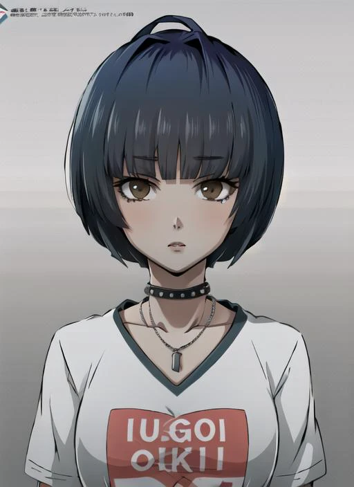 ((best quality)), ((highly detailed)), masterpiece, ((official art)), detailed face, beautiful face, (detailed eyes, deep eyes), (1girl), <lora:SugoiDekai_Shirt:1.05>, outfit-UT,T-shirt, <lora:taeTakemiPersona5_v10:1>, Tae Takemi, dark blue hair, short hair, bob-cut, blunt bangs, (brown eyes), necklace, studded collar, ((labcoat))