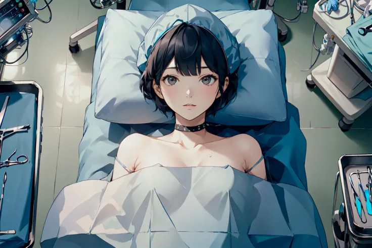 (RAW photo, best quality), 1girl, operating table, top view, lying on back, surgical cap,
, surgery_drape <lora:concept_patient_draped_1_1:1>,
<lora:taeTakemiPersona5_v10:0.9> tae takemi, choker