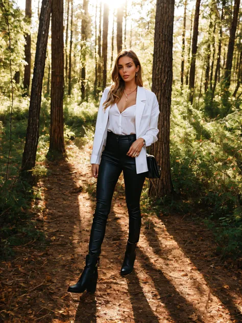 RAW photo, Tower13_Carlotta
BREAK
walking through the woods, wearing a leather duster, wearing leather pants, wearing a white shirt, wearing black boots, walking towards the camera, golden hour, god rays
BREAK, (((Ultra-HD-details, Ultra-HD-detailed, Ultra-HD-realistic, Ultra-HD-photo-same-realistic-quality-details))), 8k uhd, dslr, soft lighting, high quality, film grain, Fujifilm XT3