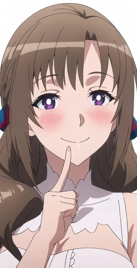 nsfw, (1boy, faceless male, POV, fellatio, blowjob, mouth in penis, deepthroat, :>=), hetero, anime cels style, best quality, high resolution, garden, 1girl, huge breasts, mamako_oosuki, long hair, brown hair, purple eyes, mature female, bright pupils, ribbon, white gloves, white dress, blush, embarrassed, happy, smile