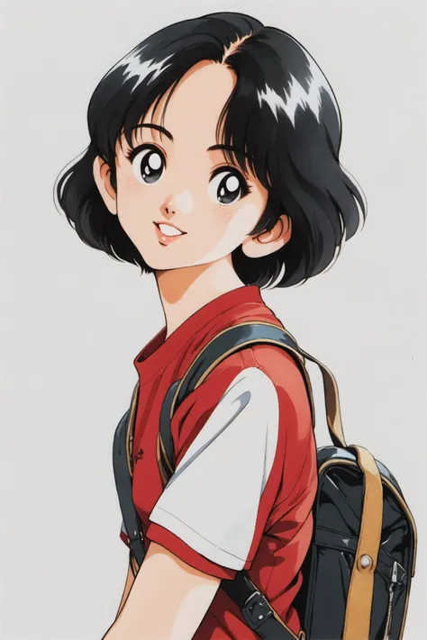 solo,black hair,bag,1girl,backpack,short hair,smile,upper body,looking at viewer,shirt,white background,simple background,parted lips,short sleeves,red shirt,retro artstyle,bangs,black eyes,traditional media,score_9,score_8_up,<lora:Adachi_XL_PONY:0.8>,