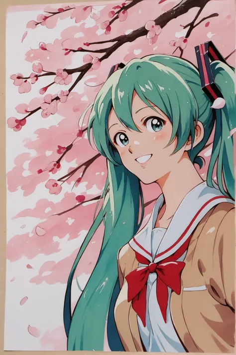 1girl, solo, hatsune miku, school uniform, green hair,cherry blossoms, cherry hair ornament, hanami, sakura,smile,looking at viewer,traditional media,score_9,score_8_up,<lora:Adachi_XL_PONY:0.9>,