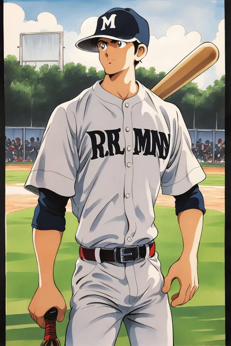 1boy,baseball bat,baseball uniform,male focus,sportswear,helmet,holding baseball bat,white pants,holding,hat,pants,solo,baseball cap,baseball,cowboy shot,black hair,traditional media,fence,outdoors,belt,crowd,score_9,score_8_up,<lora:Adachi_XL_PONY:0.8>,