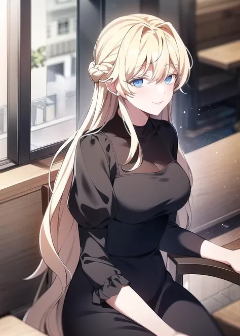 1girl, sitting, chair, table, restaurant, looking at viewer, light smile, medium breasts, mature female, black dress, bodice, <lora:rachel:0.7>, long hair, half updo, blonde hair, blue eyes, blonde eyelashes, colored eyelashes
