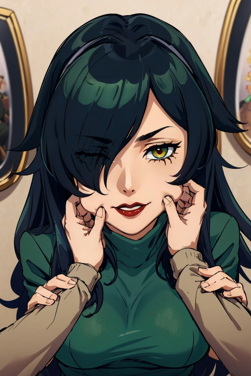 masterpiece, best quality, <lora:zs_Junko:1> junkop2, verylong hair, black hair, hair over one eye, makeup, lipstick, green sweater, green skirt, long skirt, large breasts <lora:PinchingPOV:1> PinchingPOV, pov, cheek pull