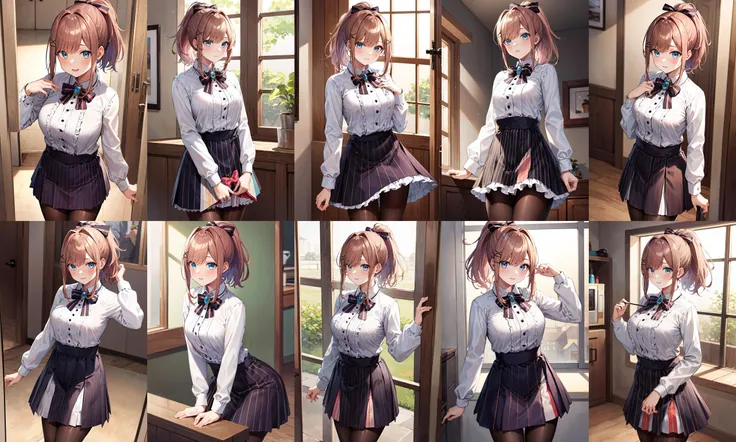 masterpiece, best quality, highres, hmsl1, ponytail, hair ribbon, x hair ornament, jewelry, bowtie, brooch, white shirt, long sleeves, vertical-striped skirt, striped pantyhose, <lora:suzuhara_lulu_v10:0.7>, cowboy shot, indoors,