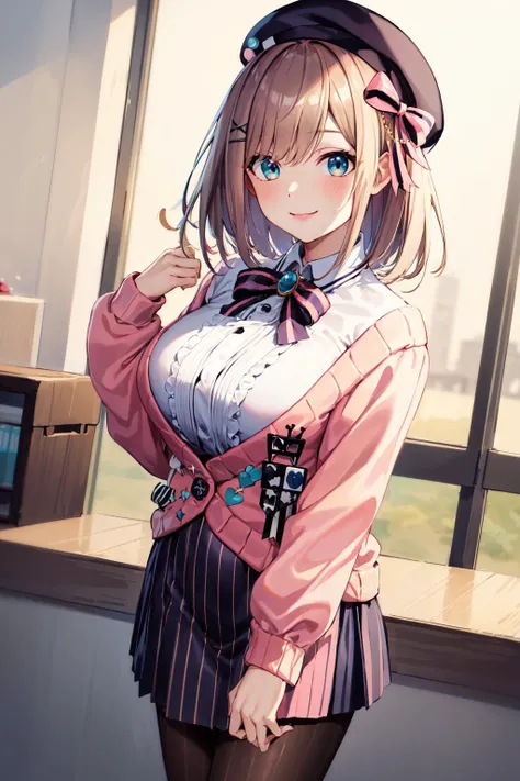 masterpiece, best quality, highres, hmsl1, beret, x hair ornament, medium hair, pink bow, large breasts, jewelry, pink cardigan, brooch, white shirt, vertical-striped skirt, striped pantyhose, <lora:suzuhara_lulu_v10:0.7>, cowboy shot, standing, smile,
