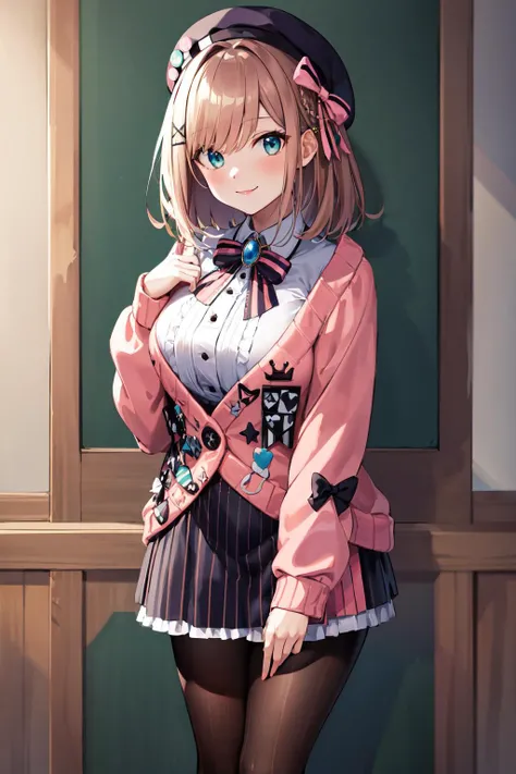 masterpiece, best quality, highres, hmsl1, beret, x hair ornament, medium hair, pink bow, large breasts, jewelry, pink cardigan, brooch, white shirt, vertical-striped skirt, striped pantyhose, <lora:suzuhara_lulu_v10:0.7>, cowboy shot, standing, smile,