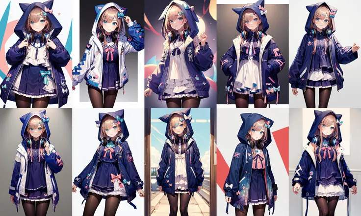 masterpiece, best quality, highres, hmsl1, hairclip, hair bow, hood up, black pantyhose, hooded jacket, jewelry, headphones around neck, open clothes, blue bow, <lora:suzuhara_lulu_v10:0.7>, cowboy shot, standing