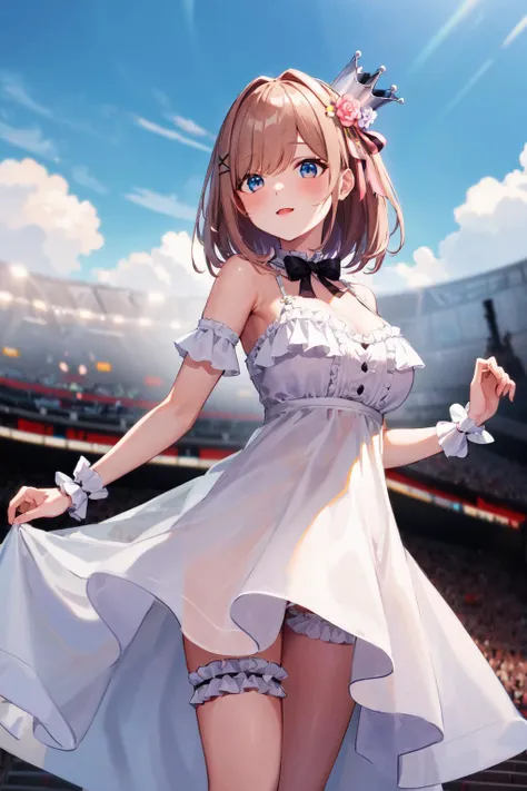 masterpiece, best quality, highres, hmsl1, medium hair, x hair ornament, crown, pink flower, white dress, bridal garter, bare shoulders, wrist cuffs, frilled dress, bowtie, large breasts, <lora:suzuhara_lulu_v10:0.7>, stage, day, sky, cowboy shot, standing,