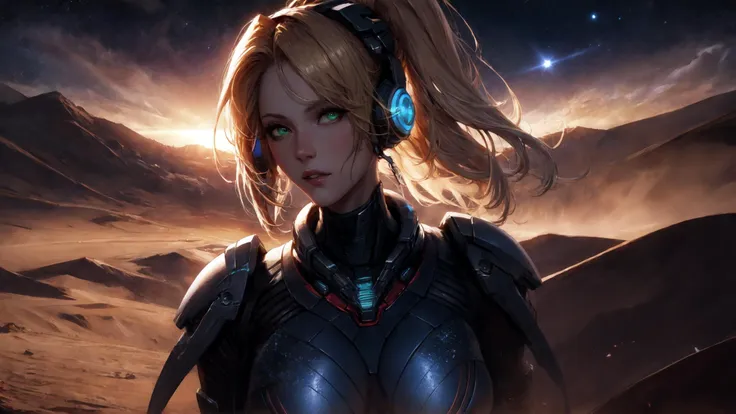 absurdres, [perfect shadows, masterpiece, attentive, high quality, detailed, extremely detailed, 4K, high definition, intricate, cinematic, 8k, ultra quality, 8K UHD,official art, illustration, 1girl, mature female, aged_up, solo, (upper-body:1.3), looks at the viewer, starcraft, nova starcraft, nova, <lora:NovaV2:0.5>,  NovaV2, armor, headphones, weapon, large breasts, green eyes, star \(sky\), blonde hair, Planets in the Sky, (starcraft_nova), (Star Craft), stars, desert planet, closed mouth, emotionless, <lora:midjourney_20230624181825:0.2>, midjourney, desert planet, stars, battlefield,  <lora:LowRA:0.2>, night, dark, shadow on face, cinematic scene, arms behind back, long hair, starcraft nova, ponytail