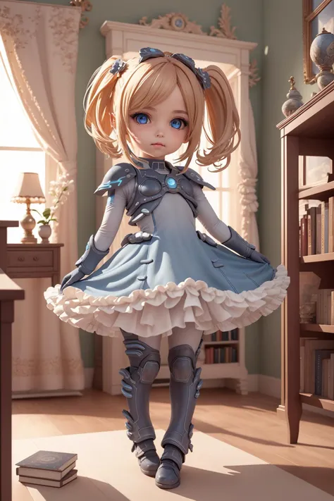 (masterpiece, best quality:1.2),  chibi, cute,  a girl, starcraft_nova, (inquisitive eyes), (detailed eyes:1.2), looking at viewer, in a big girl's bedroom,  rococo design, frilled dress,  arms behind back, books on shelves, <lora:blindbox_V1Mix:1>,  <lora:starcraft_nova:1>,