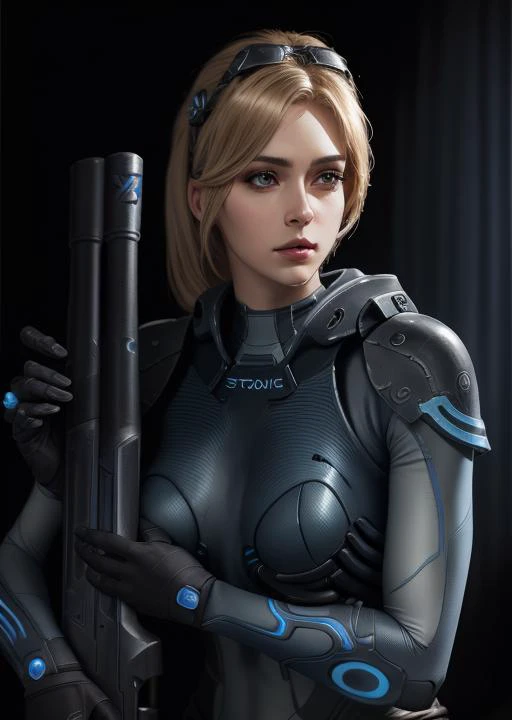 beautiful woman with rifle,starcraft_nova, <lora:starcraft_nova:1>, photo, photo realistic, realistic , portrait