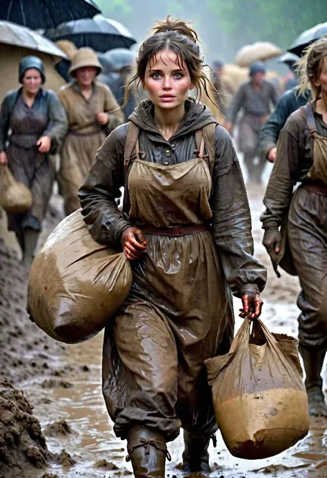 Super quality, masterpiece, absurdres, woman in dirty peasant clothes, dirty skin, dirty face, dirty peasant boots, mud on face, messy hair, rainy weather, holding sack in right hand