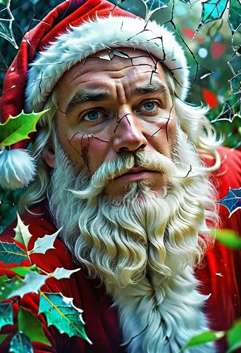 Photo. Compose a deeply emotional and visually stunning image featuring Close up of Santa Claus, face as cracked broken glass, natural skin, in the Garden of Eden, with delicate multicolored mistletoe, incorporate abstract art elements conveying a broken glass effect, conveying shattered memories and a tinted background with vivid shades to enhance the emotional impact,  adding to the overall beauty and evocative nature of the piece, hyper-detailed and intricate elements, The dramatic atmosphere enhances the overall high-quality and detailed nature of this stunning piece of artwork, style of Josan Gonzalez,