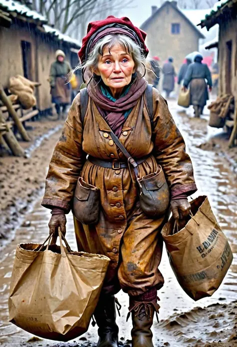 Super quality, masterpiece, absurdres, old granny in dirty peasant clothes, dirty skin, dirty face, dirty peasant boots, mud on face, messy hair, rainy weather, holding cloth sack, 80 years old, winter