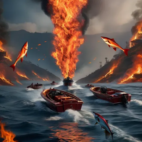 <lora:start:1> an intricate photo of  a red herring with speedboats  fire all over  oscars