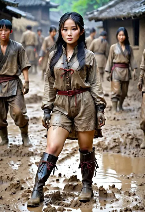 Super quality, masterpiece, absurdres, asian woman in dirty asian clothes, dirty skin, dirty face, dirty peasant boots, dark hair, asia, mud on face